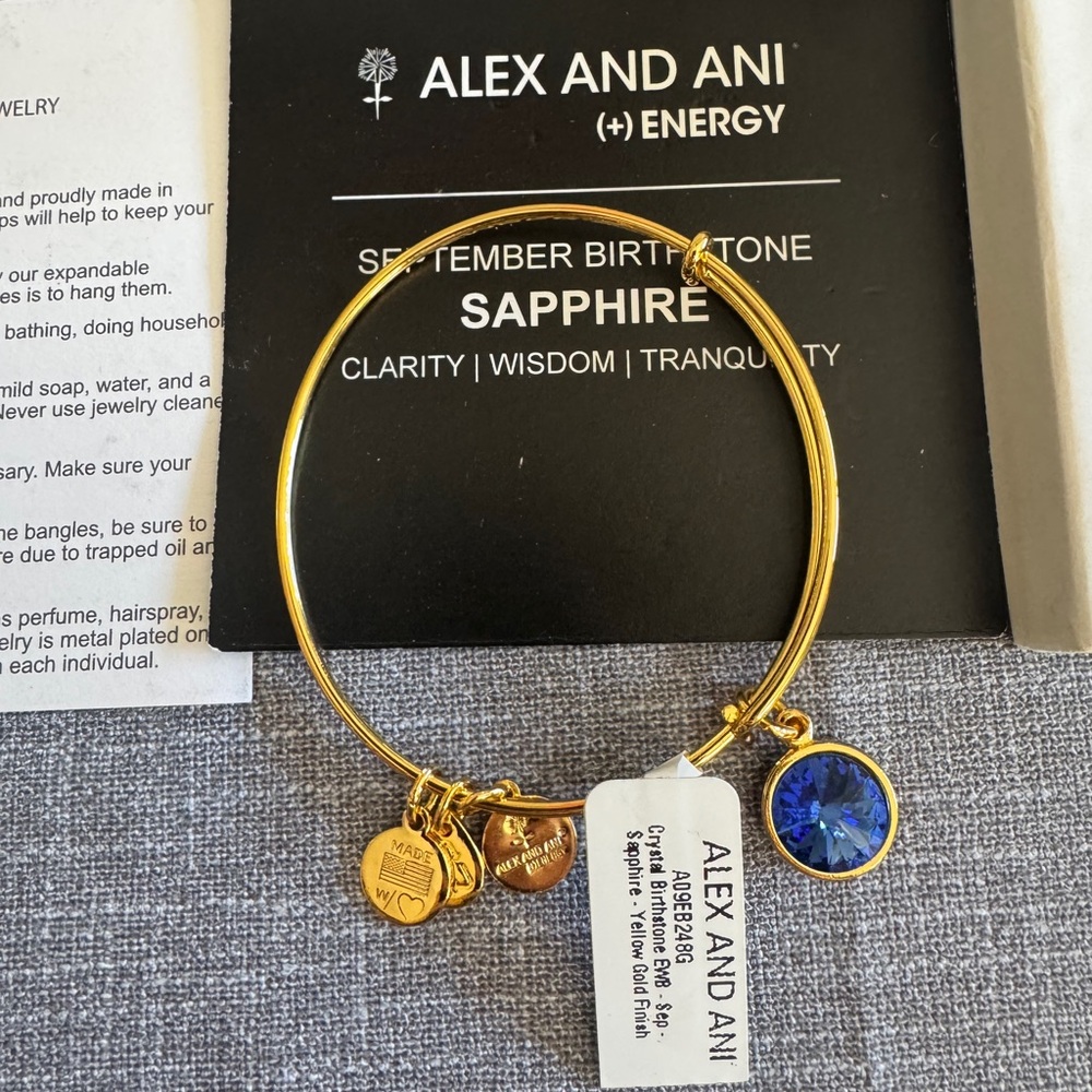 Alex and Ani Gold Bracelet with Sapphire Charm